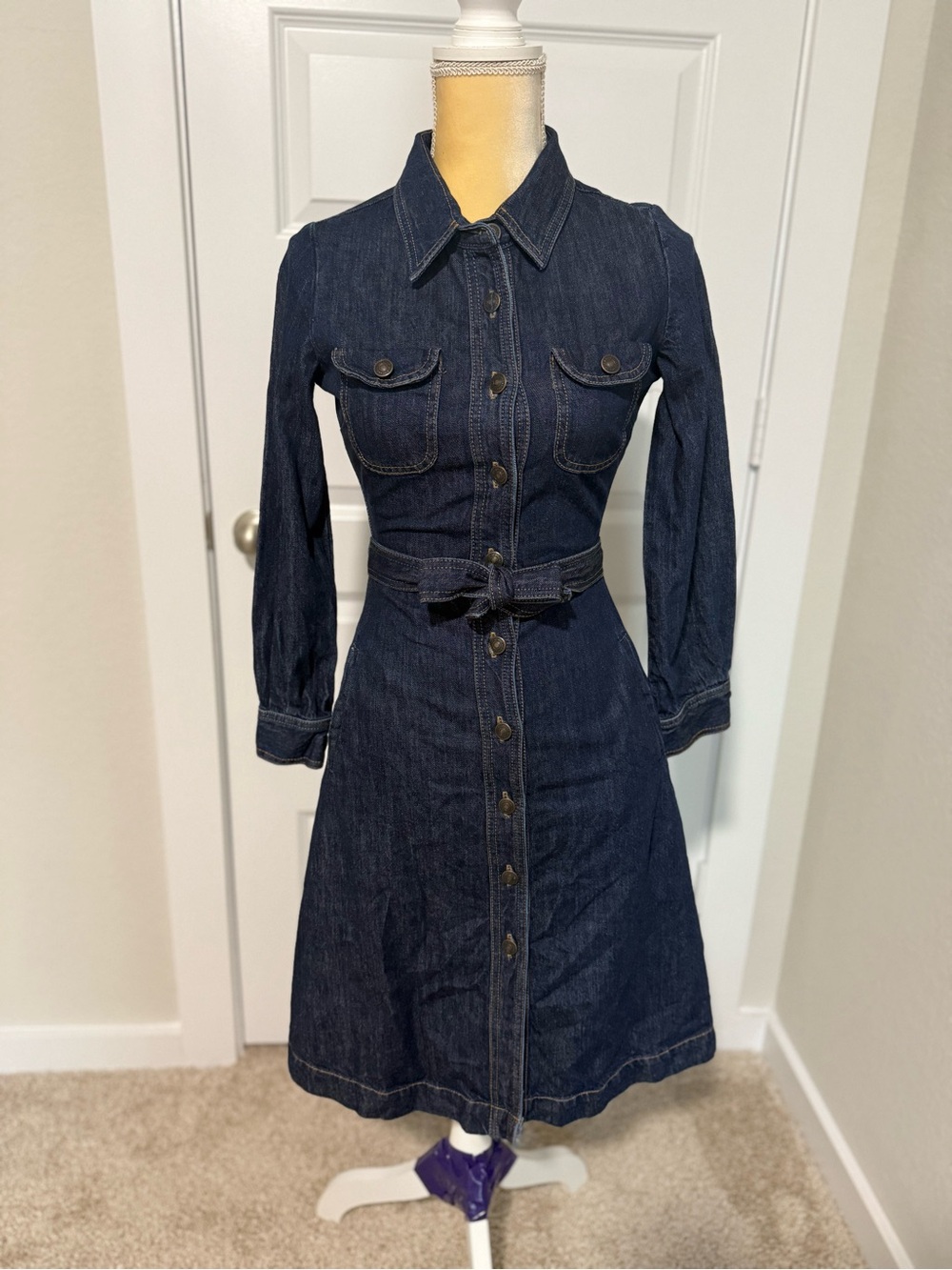 GAP Vintage Dark Blue Denim Dress with Tie Waist NWOT S2